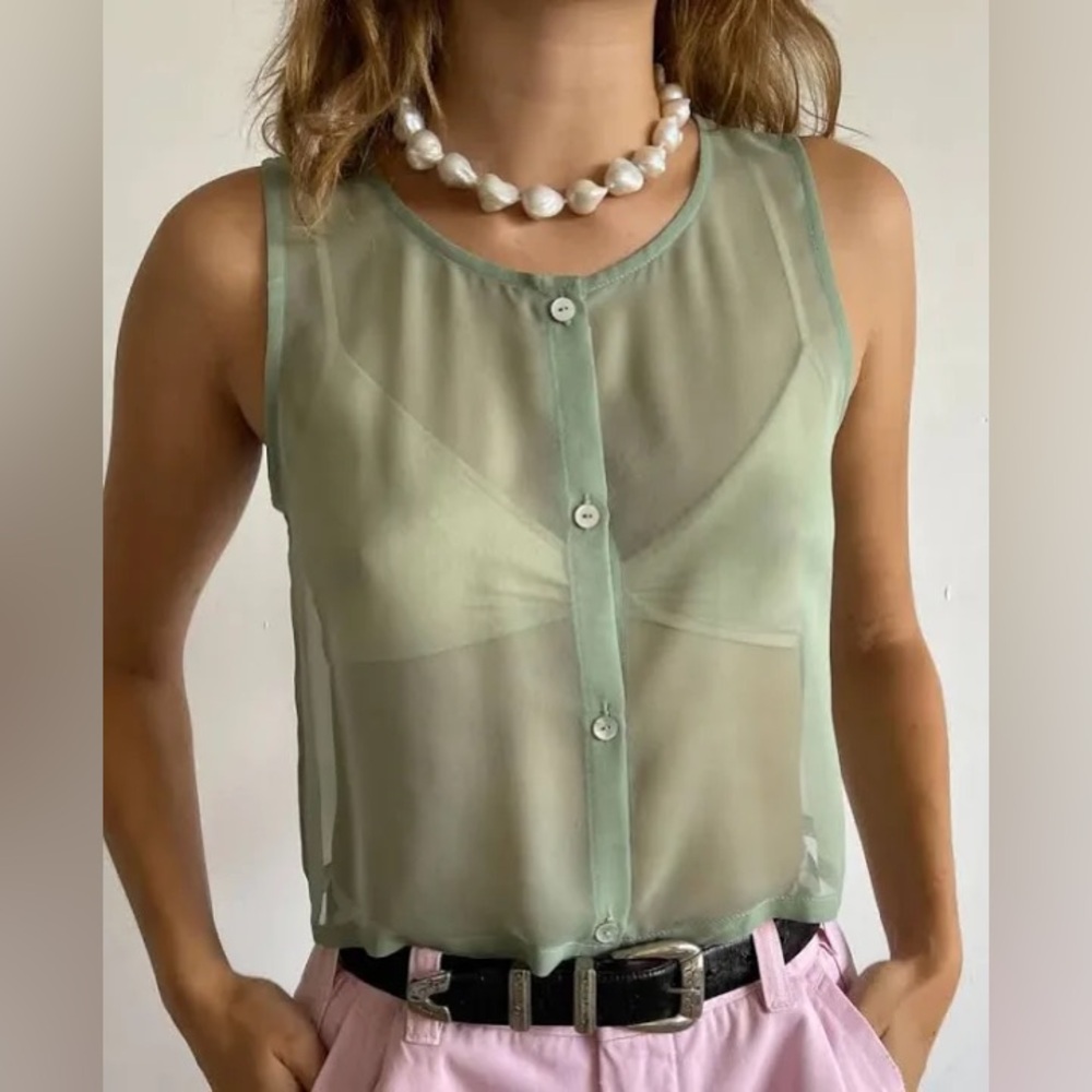 DONNI. Silk Vest | Size XXS | Sage Green | NWT | Mother of Pearl Buttons
